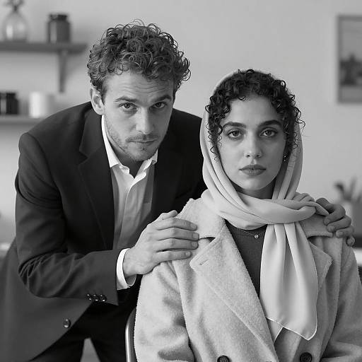Black and White Portrait of Man and Woman Indoors
