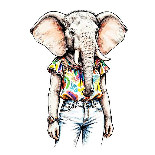 Stylized Elephant Woman Line Art