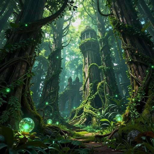 Digital fantasy artwork of a lush, enchanted forest with glowing green orbs, towering moss-covered trees, and ancient stone towers bathed in sunlight.
