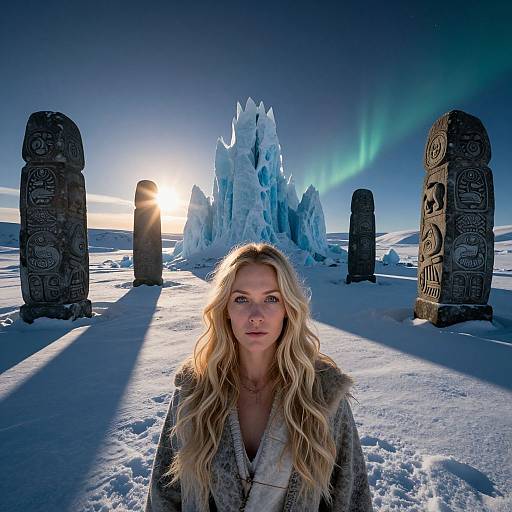 Photograph of a blonde woman with long wavy hair, wearing a fur cloak, standing in snowy landscape with ice formations and glowing aurora, fl