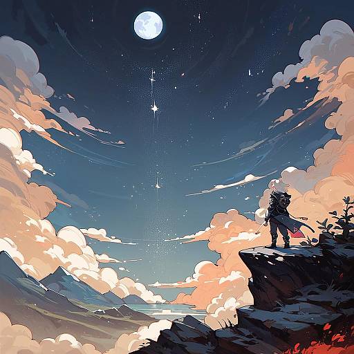 Warrior Standing on Clifftop Under Moonlit Sky