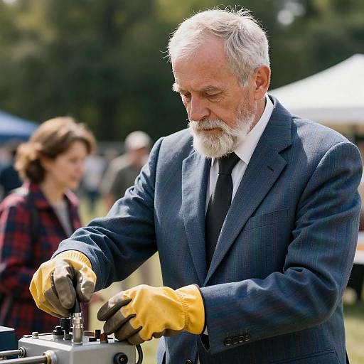 Elderly Man in Suit Working with Mechanical Equipment