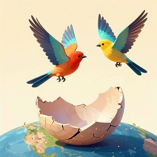 Two vibrant, colorful birds with red, yellow, and blue feathers hover above a cracked eggshell over a globe, symbolizing creation and life. Digital