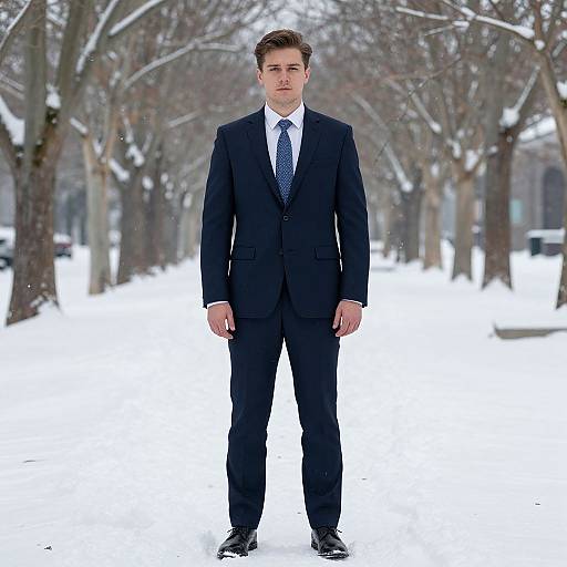 Photograph of a young, white man with short brown hair, wearing a black suit, white shirt, blue tie, standing in a snowy, tree