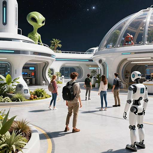 Photorealistic CGI scene of a futuristic space station with six humans, a robot, and a green alien statue under a starry night sky. Modern