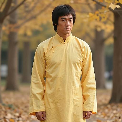 Asian Man in Yellow Traditional Robe in Autumn Park
