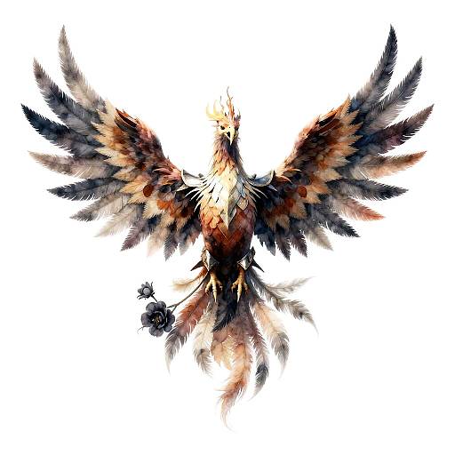 Fantasy Watercolor Phoenix with Armor and Dark Flowers
