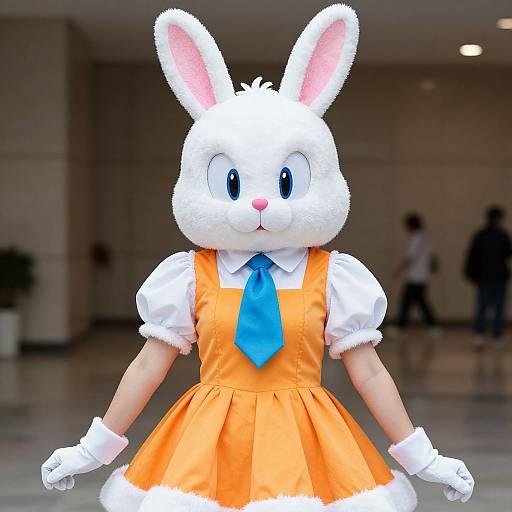 Photograph of a white-furred, blue-eyed, anthropomorphic rabbit costume in an orange dress with puffed sleeves and blue tie, standing in a