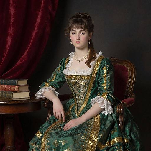 Photograph of a fair-skinned woman in an ornate, green and gold, Victorian-style dress with white lace, seated on a wooden chair,