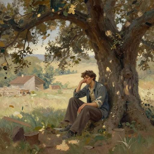 Painting of a young man with curly brown hair, wearing a blue shirt and brown pants, sitting under a large tree in a sunlit, rural