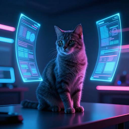 Photorealistic CGI of a tabby cat with neon blue and pink holographic screens behind it, sitting on a dark table.