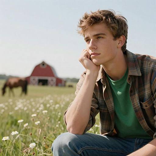 Pensive Young Man in Wildflower Meadow