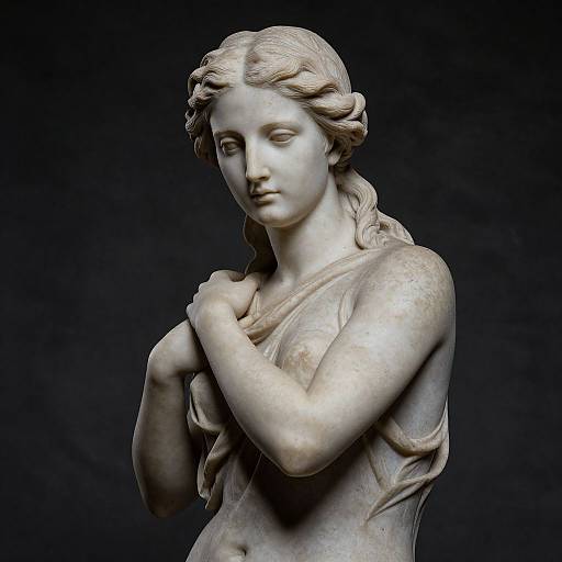 Photograph of a classical marble statue depicting a serene, modest young woman with wavy hair, covering her chest with her hands, against a dark background
