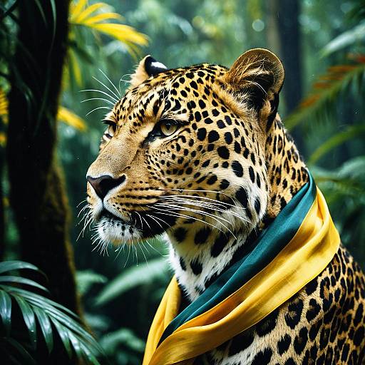 Leopard Wearing Yellow and Green Silk Scarf in Rainforest