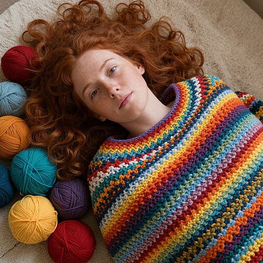 Photograph of a red-haired woman with freckles, lying on a beige carpet, wearing a colorful, striped crochet sweater, surrounded by yarn balls