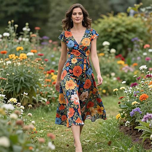 Photograph of a woman with wavy brown hair, wearing a vibrant floral dress, walking through a colorful, blooming garden.
