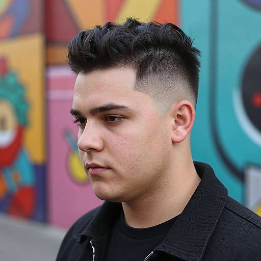 Photograph of a young, light-skinned man with short, black, undercut hair, wearing a black jacket, standing against a colorful, graffiti-covered