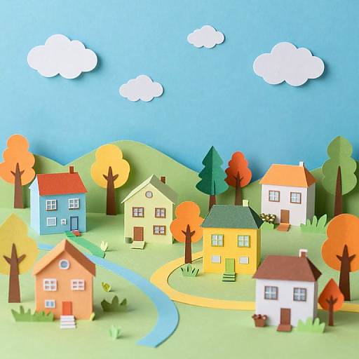 Colorful paper cutout scene of a suburban neighborhood with four houses, a winding blue path, autumn trees, and white clouds.