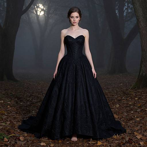 Photograph of a pale-skinned woman with dark hair in an elegant, strapless, black lace ball gown, standing in a foggy, leaf