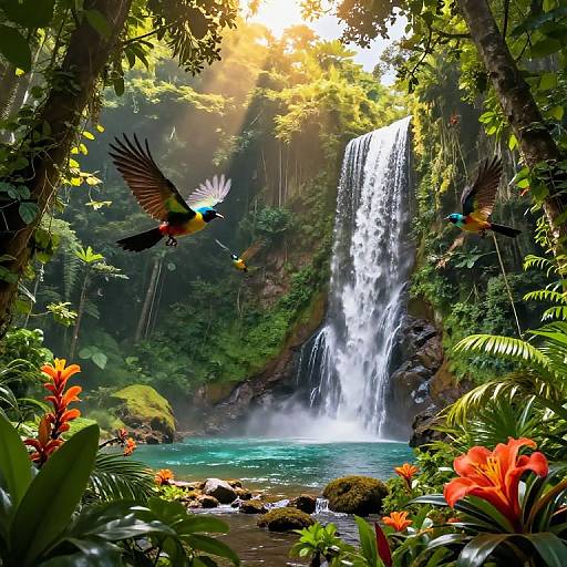 Photorealistic digital painting of a lush jungle with two colorful birds mid-flight above a cascading waterfall, vibrant red flowers, and sunlight filtering through dense