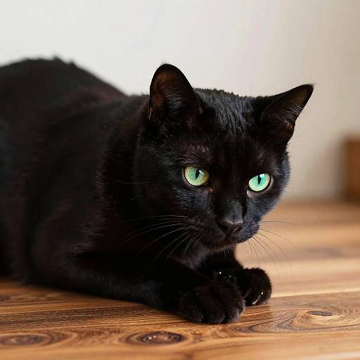 Photograph of a sleek black cat with striking green eyes, lying on a wooden floor with a blurred white background.