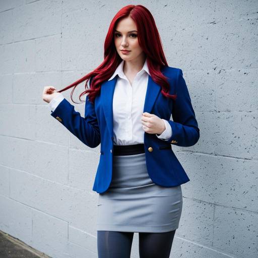 Woman in Blue Blazer and Gray Skirt