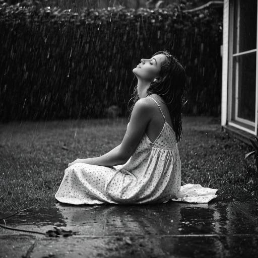 Woman Sitting in Rain in Backyard