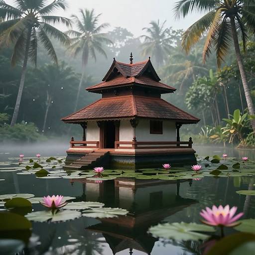 Photograph of a traditional Asian-style wooden hut with a red-tiled roof, floating on a tranquil lily pond surrounded by lush palm trees and pink