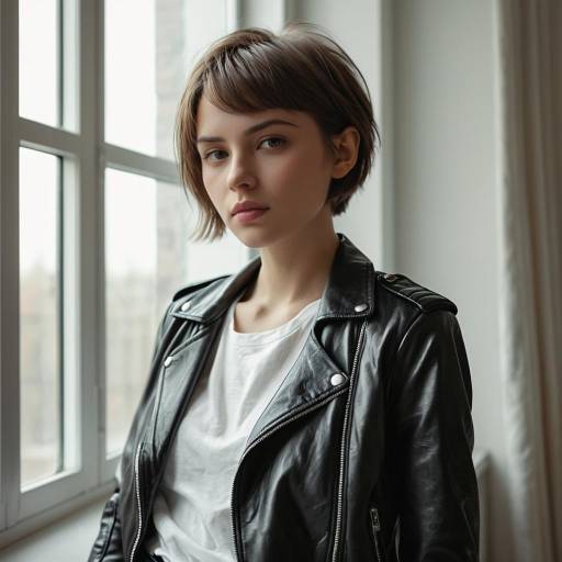 Young Woman in Leather Jacket by Window