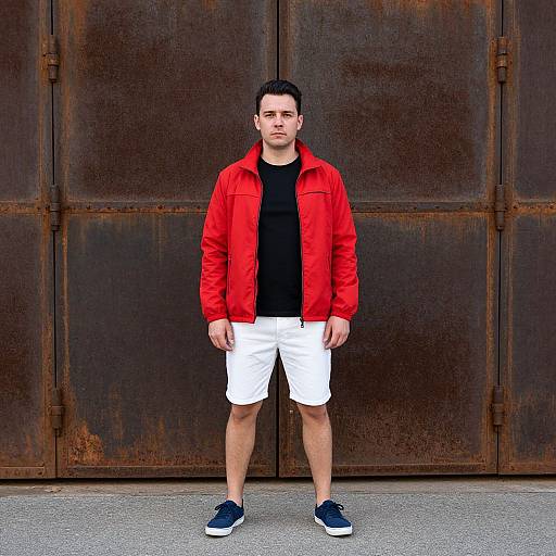 Man in Bright Jacket by Rusty Door