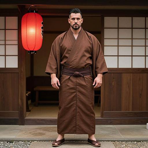 Photograph of a bearded man in a brown kimono, standing in front of a traditional Japanese wooden door with a red lantern above.