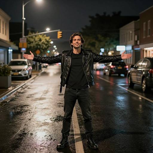 Man in Leather Jacket Standing on Street at Night