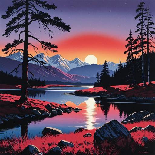 Retro Sunset Over a Serene Lake