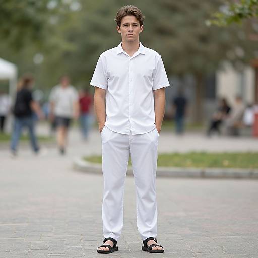 Photograph of a young man with short brown hair, wearing a white short-sleeve shirt and pants, black sandals, standing in a blurred outdoor