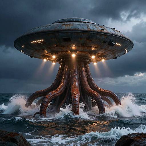 Rusty UFO with Octopus Tentacles Emerging from Ocean
