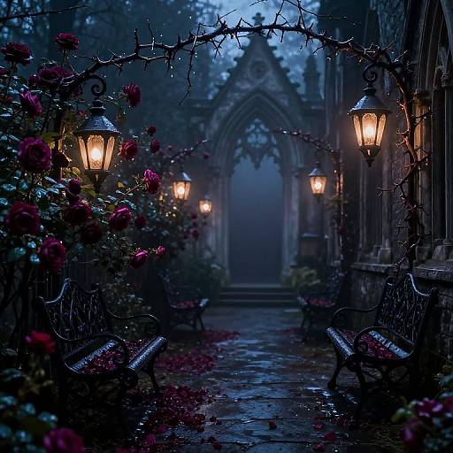 Gothic Alley with Lanterns and Roses