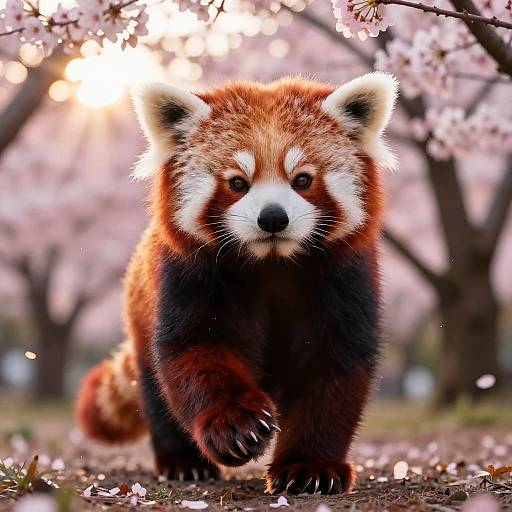 Vigilant Red Panda in Cherry Blossom Dusk