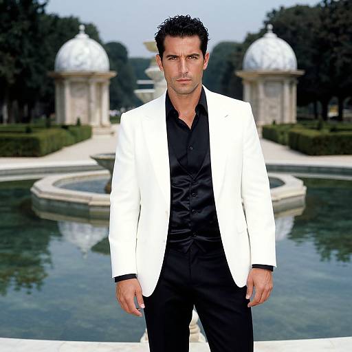 Photograph of a handsome man with dark hair, wearing a white suit over a black shirt, standing in front of a formal garden with a circular fountain