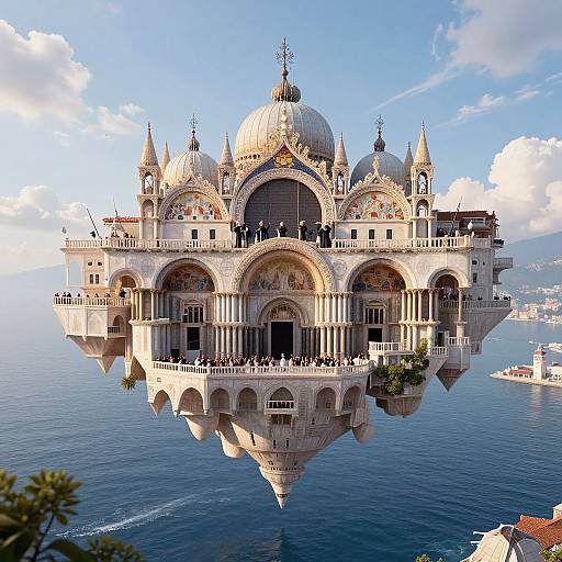 Photorealistic CGI of the Hagia Sophia, floating above the blue sea with a cityscape and distant islands in the background.