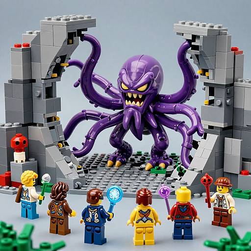 Photograph of LEGO scene: purple octopus monster with sharp teeth and eight tentacles emerges from gray ruins, facing six LEGO minifigures with