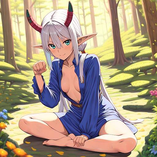 Anime Elf Girl with Horns Sitting in Forest