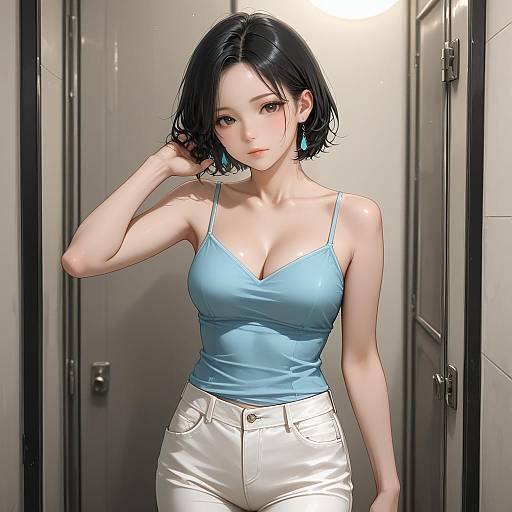 Young Woman in Blue Camisole and White Pants