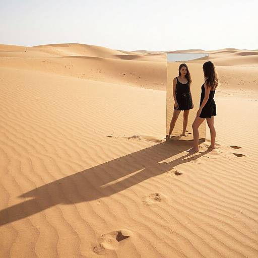 Photograph: Two women in black dresses standing in sunlit desert with dune shadows, casting long shadows, beside a transparent panel.