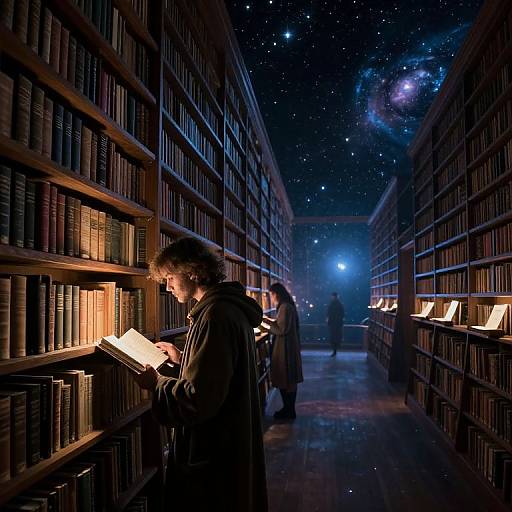 Photograph of a library aisle at night, with starry sky visible through the ceiling, illuminated bookshelves, and a person reading. Silhou