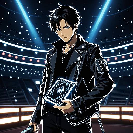 Futuristic Duelist in Shadowy Arena