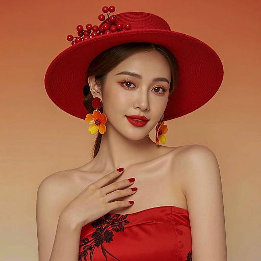 Asian Woman in Red Hat and Floral Earrings