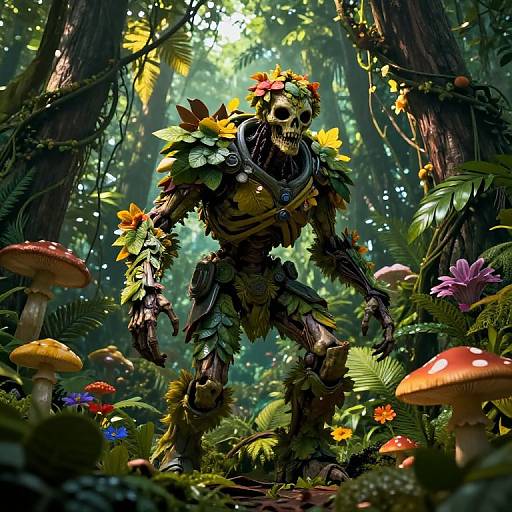 Digital artwork of a skeletal warrior adorned with colorful flowers and leaves, standing in a vibrant, sunlit forest filled with mushrooms and exotic plants.