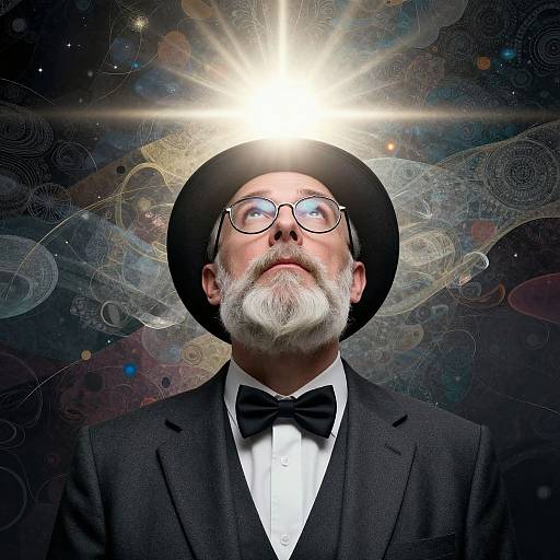 Photograph of an elderly man with white beard, black hat, glasses, bow tie, black suit, gazing upward at a bright, radiant light