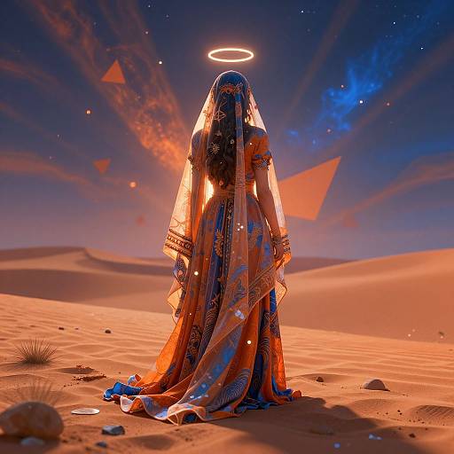 Digital artwork of a glowing, veiled woman with a halo, standing in a desert under a starry, cosmic sky with pyramids.