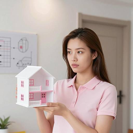 Woman with Dollhouse in Indoor Setting